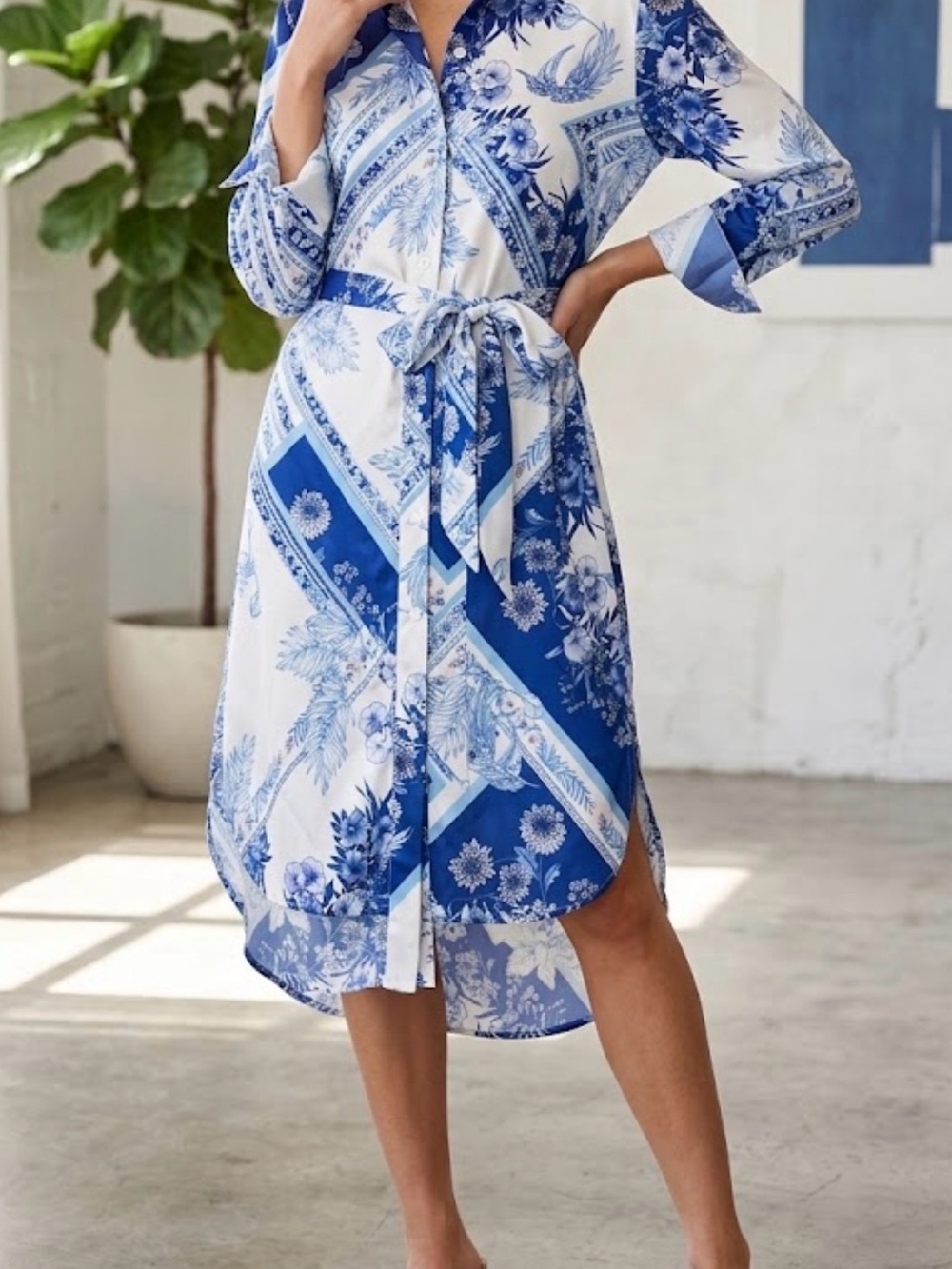 Marciano Blue and White Floral Tie-Waist High-Low Shirt Dress